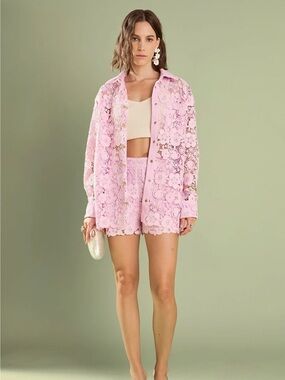 English Factory Pink Lace Crochet Button-Front Top